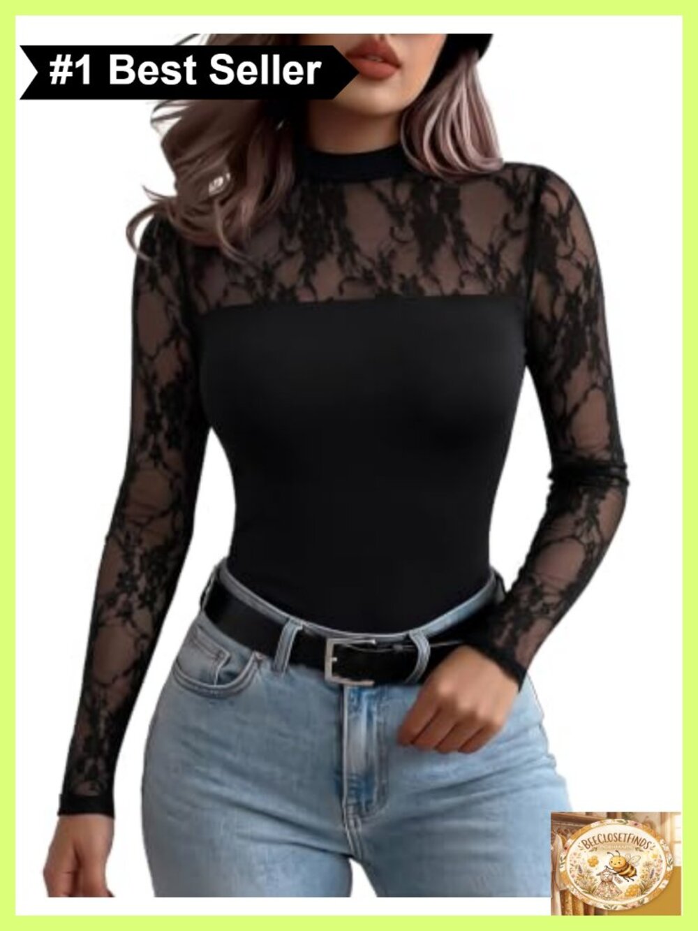Women's Lace Mesh Long Sleeve Sheer Blouse Crew Neck Fitted Top